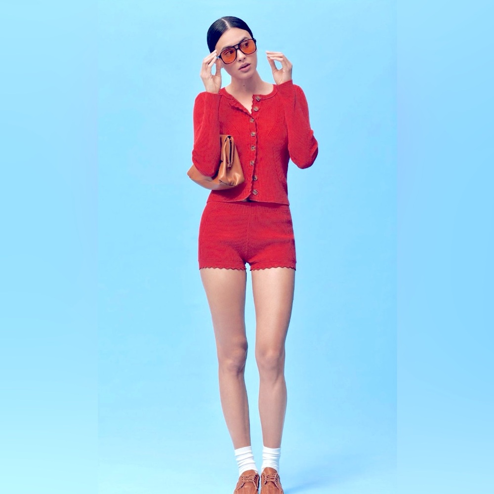 Maeve Anthropologie High Waist Red Scalloped Sweater Knit Shorts XXS NWT